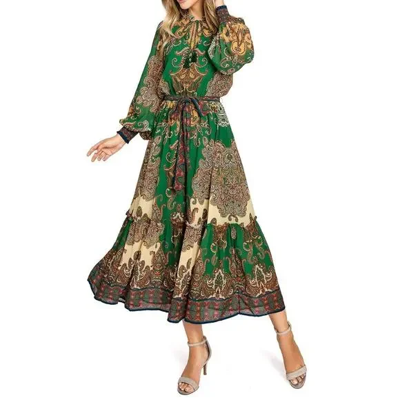 Flying Tomato | Dresses | Flying Tomato Green Long Sleeve Baroque Midi Dress  Size L | Poshmark